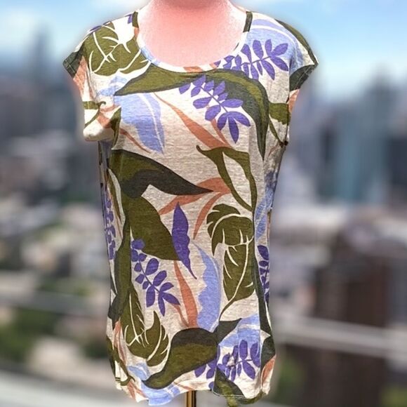 C&C CALIFORNIA 100% LINEN TOP BLOUSE TROPICAL FLORAL PRINT BUTTON UP THE BACK SM - Picture 3 of 8